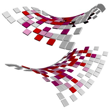 Logo Design Abstrakte Wellenform aus roten, rosa und grauen Quadraten, die sich wellenförmig anordnen.