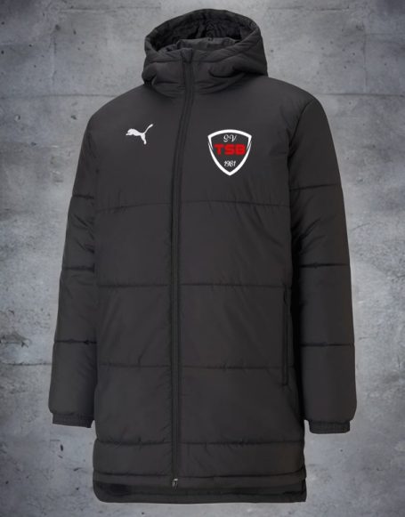 Verein Schwarze, gepolsterte Jacke mit Kapuze und Logo auf der linken Brust.